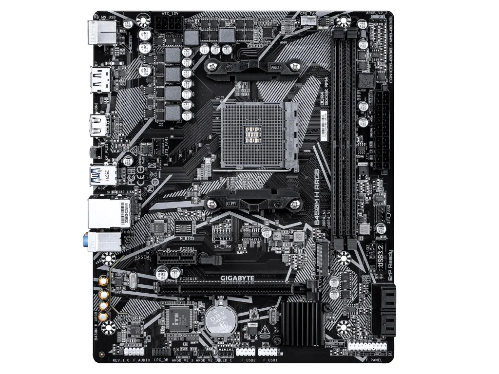GIGABYTE B450M H ARGBの基板全体。DDR4スロット2本、M.2スロット1基、PCIe x16とx1のスロットを備える黒いMicro-ATXマザーボード