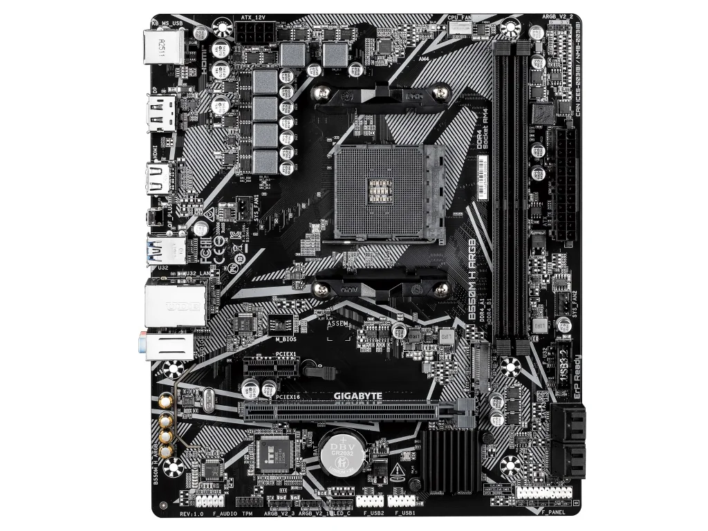 GIGABYTE B550M H ARGBの基板全体。B450M H ARGBとほぼ同じ配置の黒いMicro-ATXマザーボード