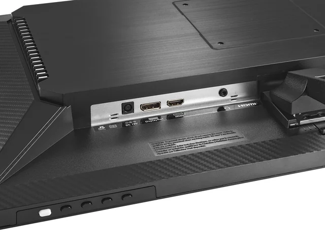 EX-GDU271ADの背面端子。左からDC入力、DisplayPort、HDMI、ヘッドホン端子が並ぶ