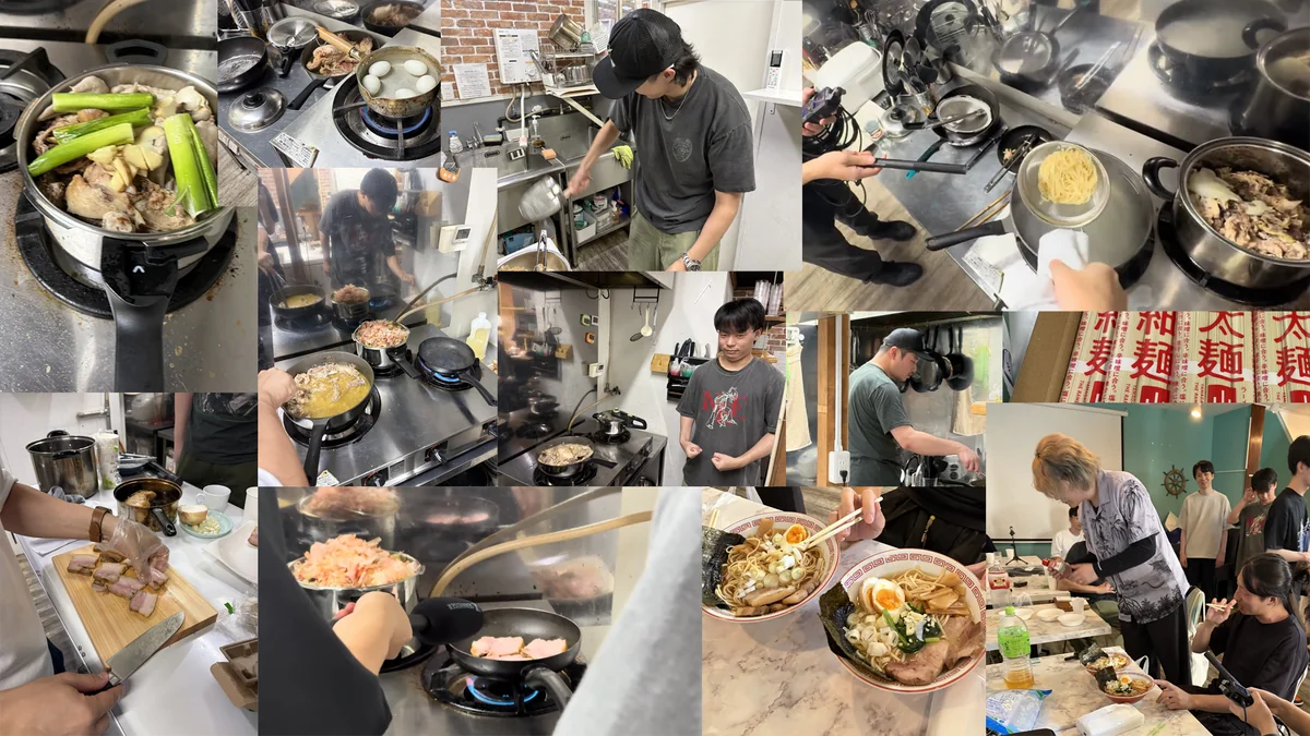 開発チームがスープの仕込みからチャーシューの切り分け、盛り付けまで実際にラーメンを作り、調理音を録音している様子