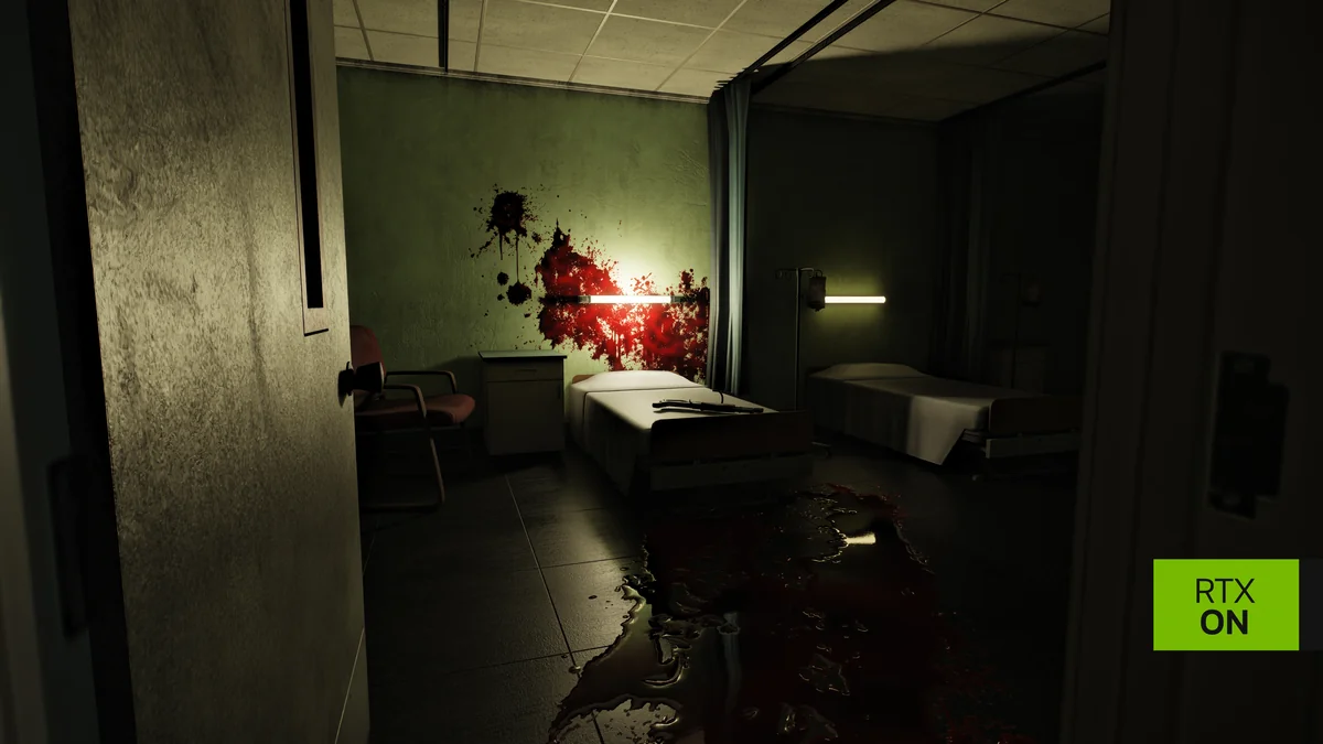 Left 4 Dead RTXで描かれた、血痕の残る病室。蛍光灯の光と床の血だまりの反射が見える