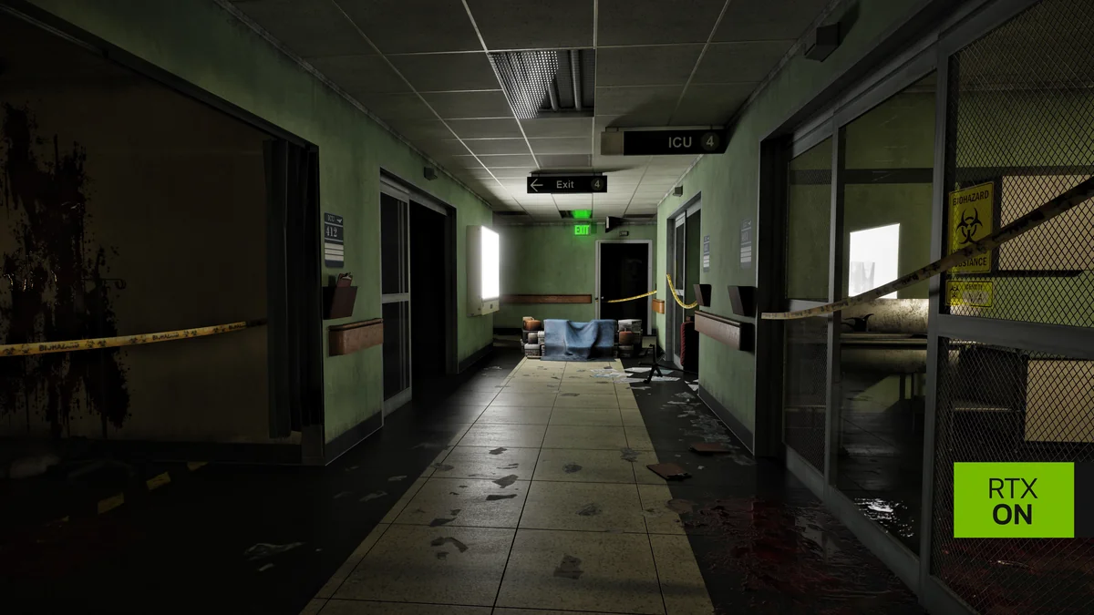 Left 4 Dead RTXで描かれた病院の廊下。ICUの案内板と立入禁止のテープが見える