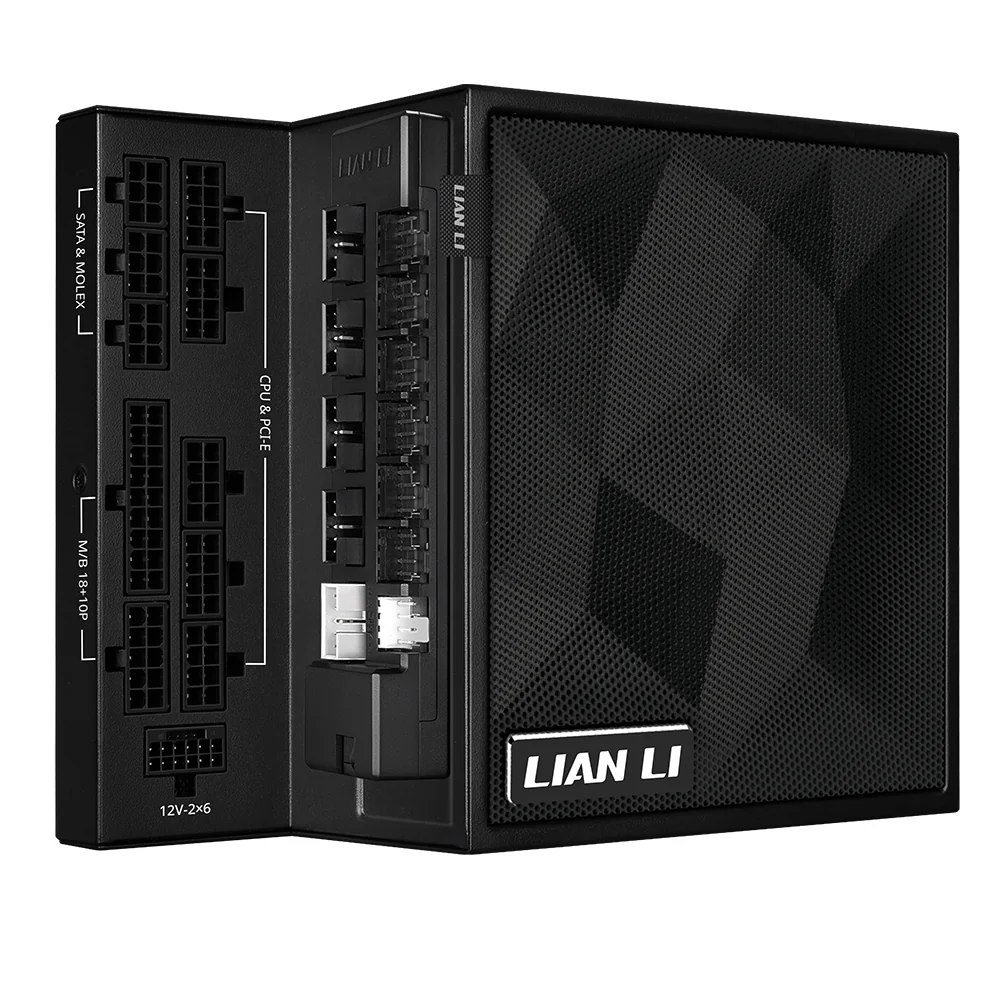 Lian Li EDGE Gold V2 1000Wを正面から見た外観。左の段にケーブル差し込み口、中央にEDGE Hub V2、右にファンのメッシュ面がある
