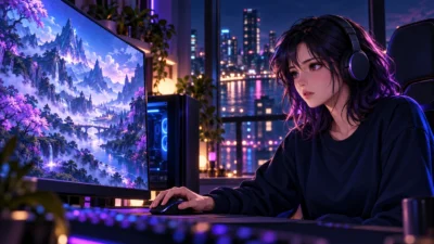 青紫とピンクの夜景を背景に、幻想的なゲーム風景のモニターを見つめる女性ゲーマーのイメージイラスト