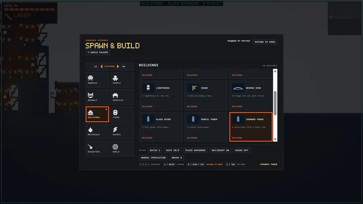 サンドボックスのSpawn & Buildメニューで素材や乗り物を選ぶ画面
