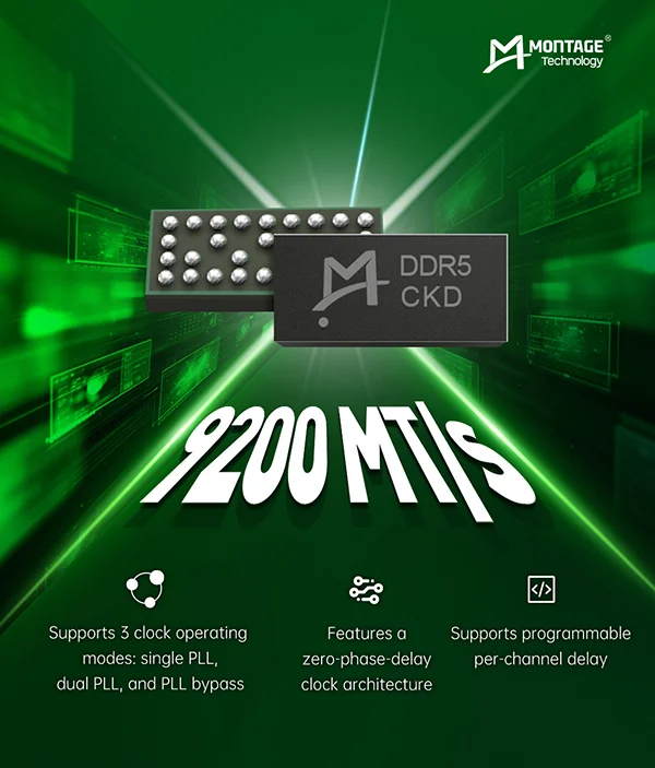 MontageのDDR5 CKDのチップ。9200MT/sの表記と、3つの動作モード・ゼロ位相遅延・チャンネルごとの遅延設定という特長が書かれている