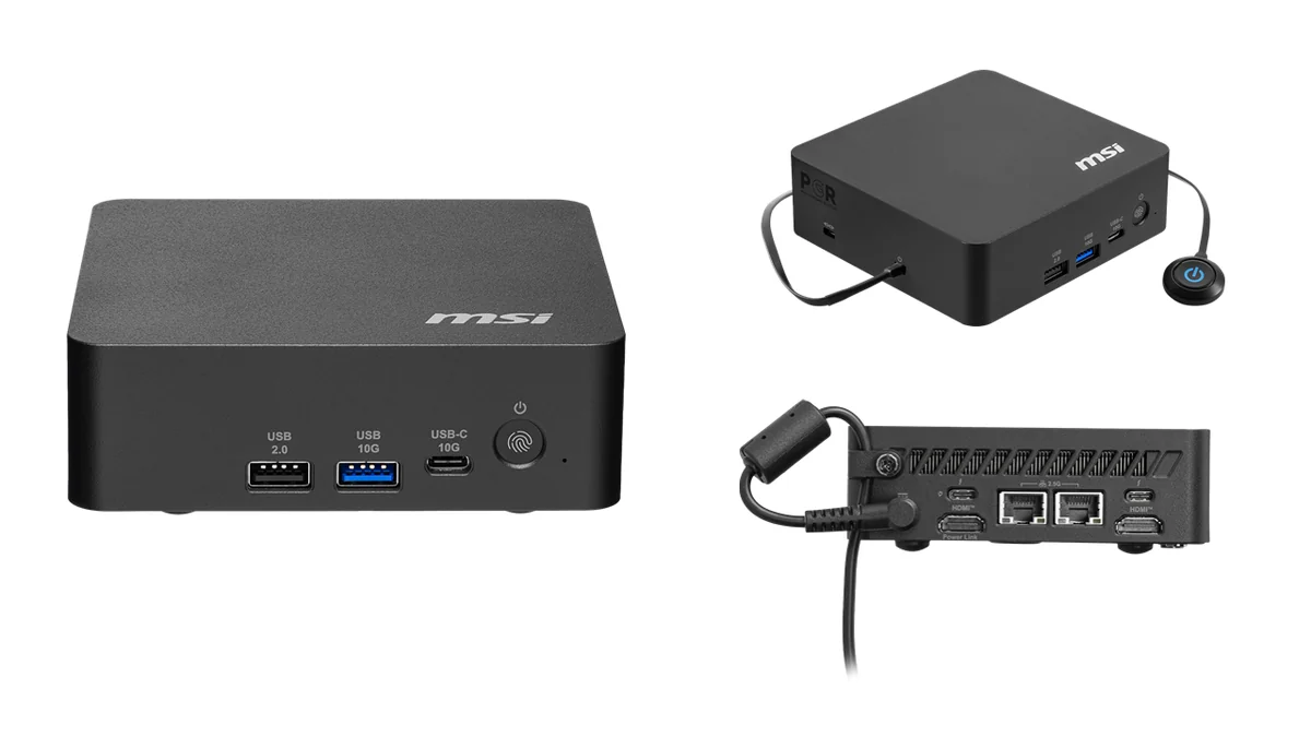 MSI Cubi NUC AI+ 3MG-033JPの前面・背面と電源スイッチ延長ケーブル