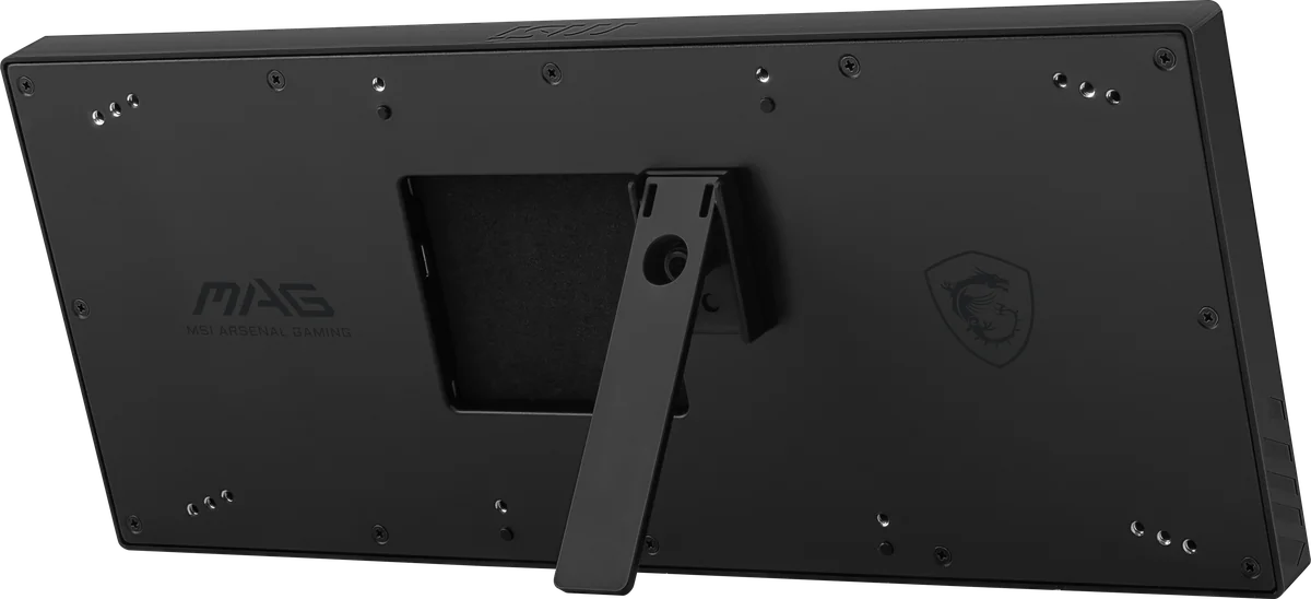 MAG VIEW XPANDER 12の背面。中央にスタンド、四隅付近に取り付け用の穴が並ぶ