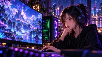 青紫とピンクに輝く夜景を背景に、ゲーム風景のモニターを見つめて考える女性ゲーマーのイメージイラスト