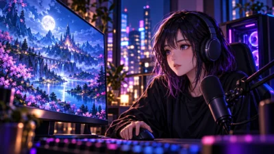 青紫とピンクの光の中、女性ゲーマーがゲーム風景の映るモニターと配信機材を確認するアニメ調のイメージ