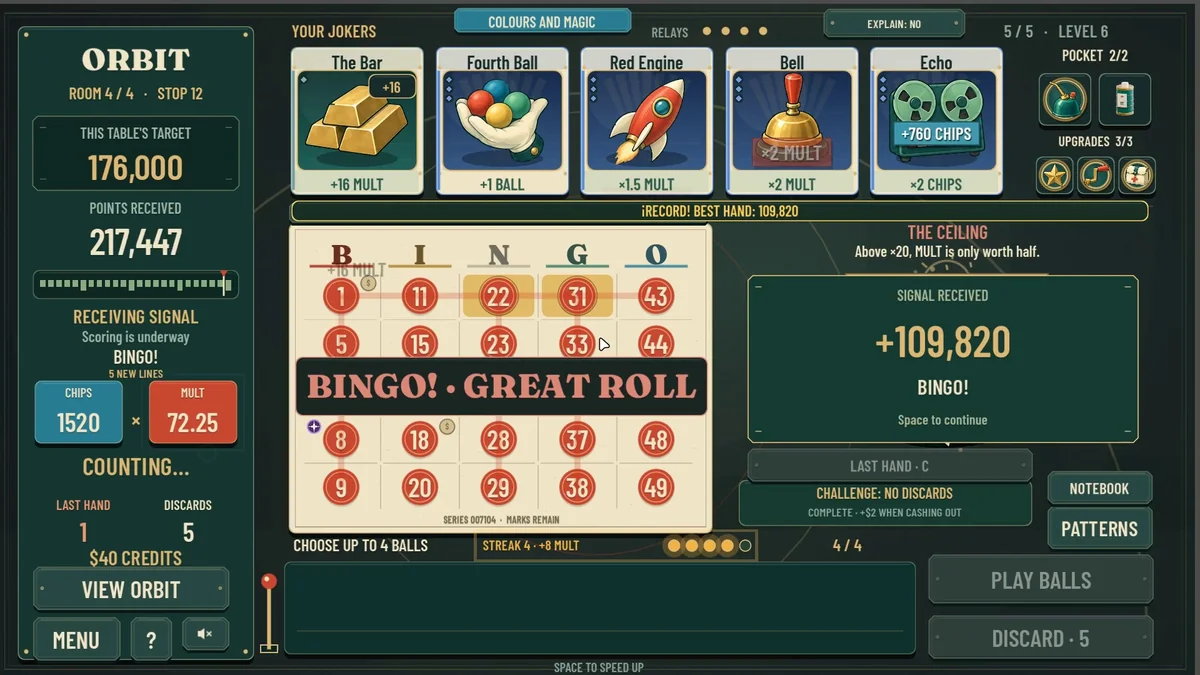 BINGO!の画面。1回のプレイで新たに5本のラインが完成し得点が加算される