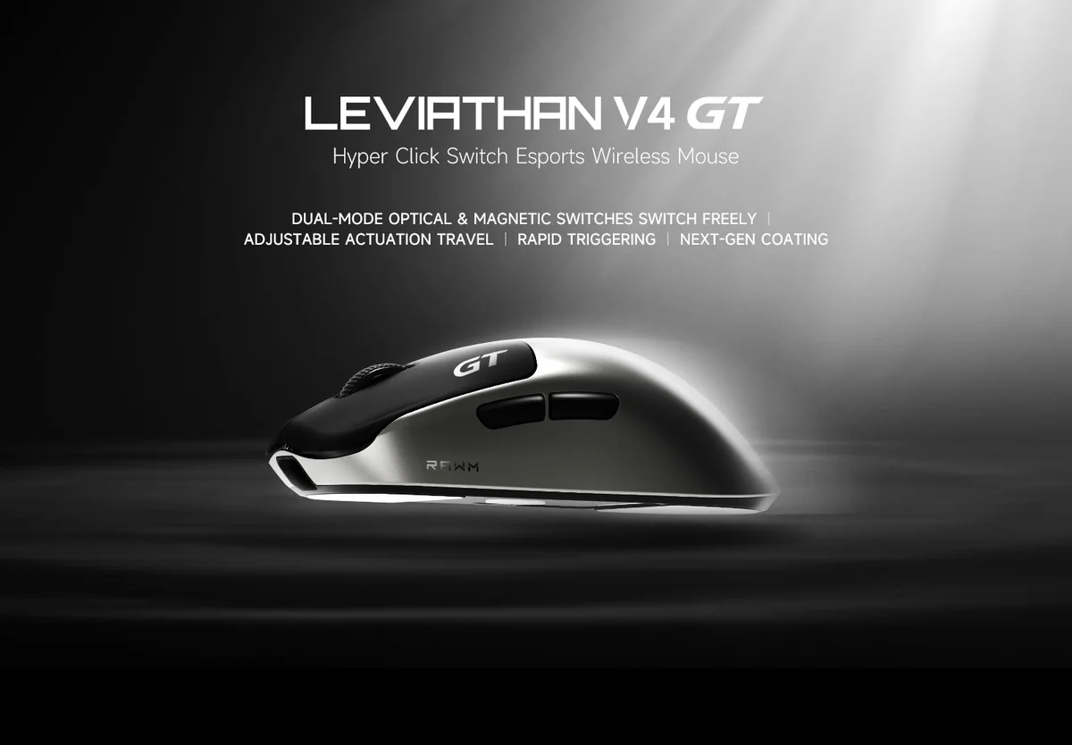 RAWM LEVIATHAN V4 GTの側面。銀色の側面とマットブラックの上面に「GT」のロゴが入り、「RAPID TRIGGERING」の文字が並ぶ