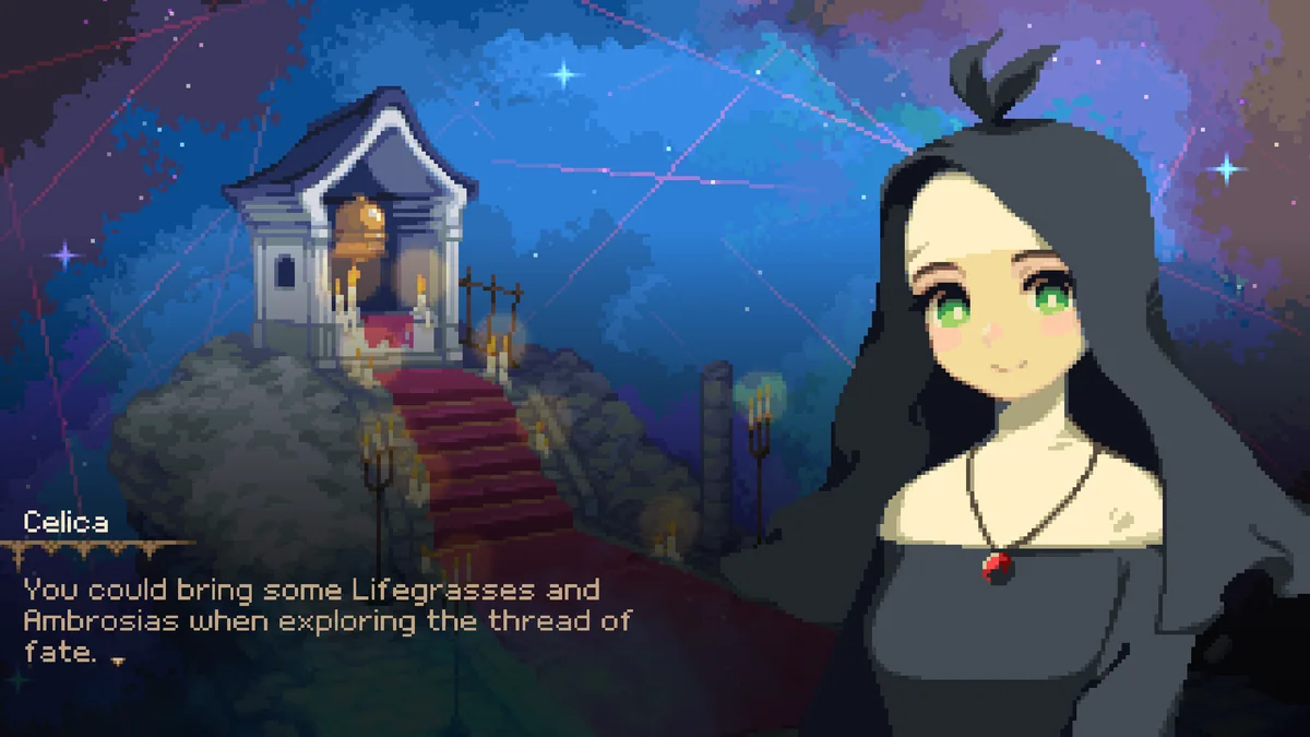『Record of Dorathia』の拠点にいるシスターのCelica。教会の前で、探索にLifegrassやAmbrosiaを持っていくよう助言している