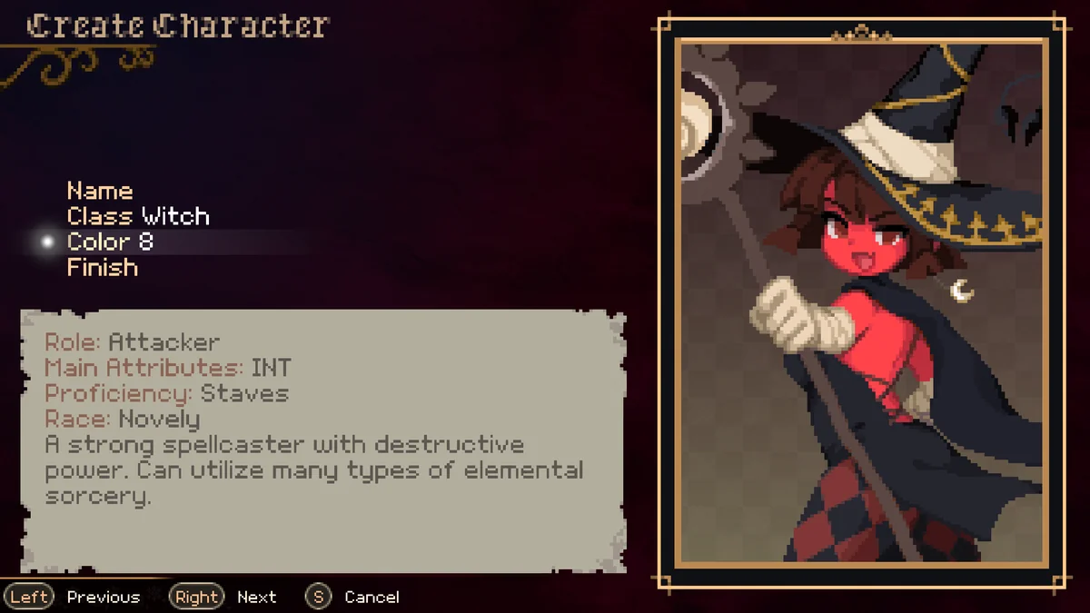 『Record of Dorathia』のキャラクター作成画面。Class Witch、Color 8が選ばれ、Role: Attacker、Main Attributes: INT、Proficiency: Stavesと説明が出ている