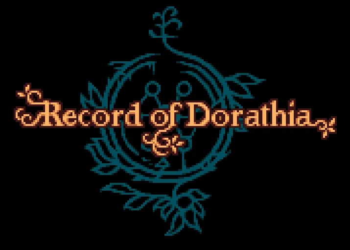 『Record of Dorathia』のタイトルロゴ。黒地に青緑の紋章を背景に、オレンジ色の装飾文字でRecord of Dorathiaと書かれている