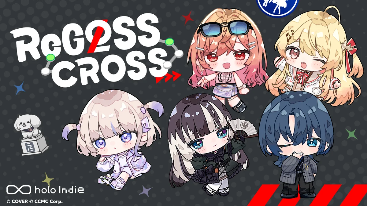 『ReGLOSS: CROSS』のタイトル画像。2頭身にデフォルメされたReGLOSSの5人が並ぶ