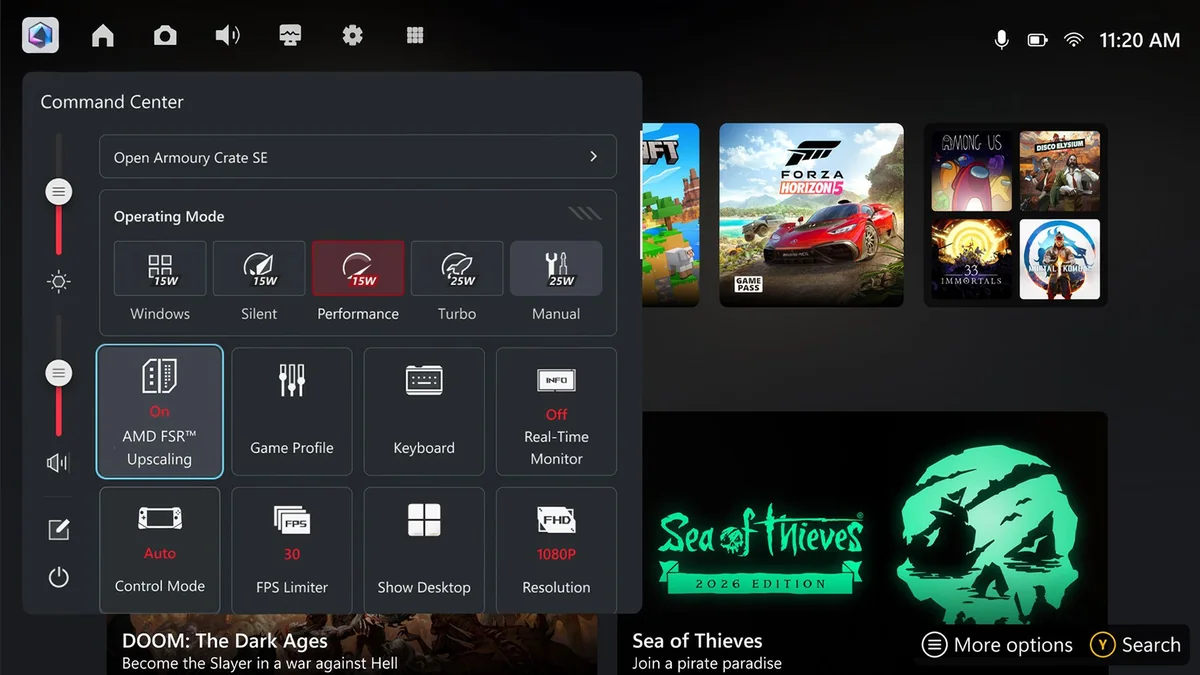 ROG Xbox Ally XのCommand CenterでFSR Upscalingタイルを表示した画面