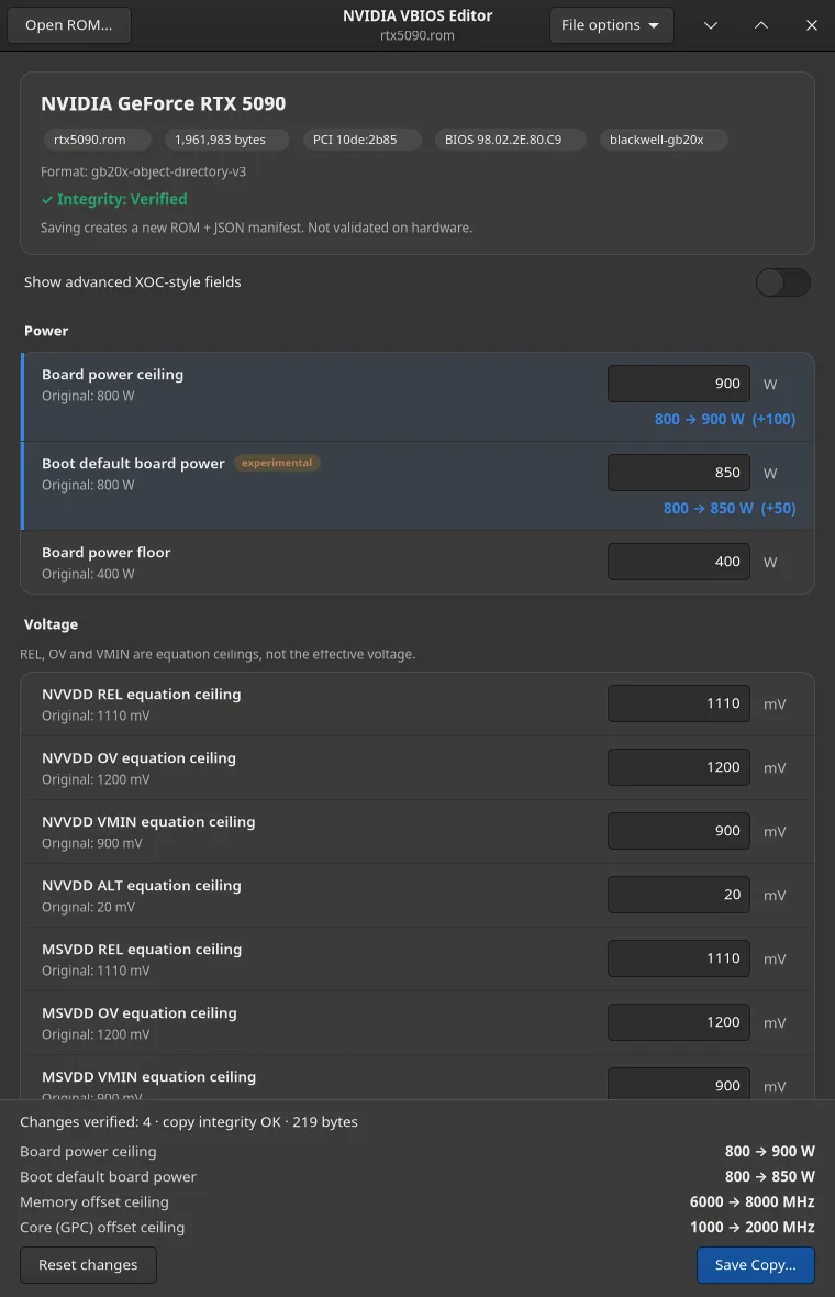 NVIDIA VBIOS Vix EditorでRTX 5090の電力上限などを編集している画面
