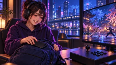 夜景を背景に、スマートフォンとリュックに手を添える女性ゲーマーと格闘ゲーム画面のイメージイラスト