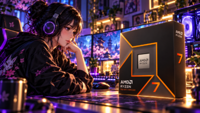 Ryzen 7 9700Xのパッケージと、CPUの買い替えを考える女性ゲーマーのイラスト