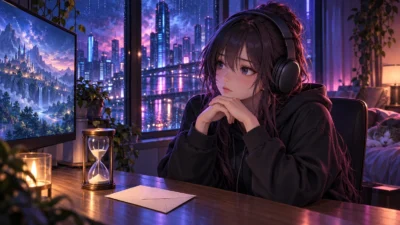 青紫とピンクの夜景を背景に、封筒と砂時計を前に認証メールを待つ女性ゲーマーのイメージイラスト