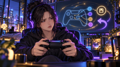 コントローラーを持つ女性ゲーマーと、ボタン割り当て・保存・設定が戻る動きを表したイラスト