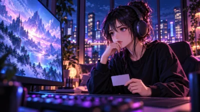 夜景と青紫の光を背景に、無地のカードを手に購入を待つ女性ゲーマーのイメージイラスト