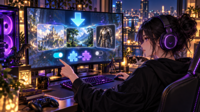 女性ゲーマーが、ゲームMODのタイルとダウンロード・有効化スイッチを確認するイラスト
