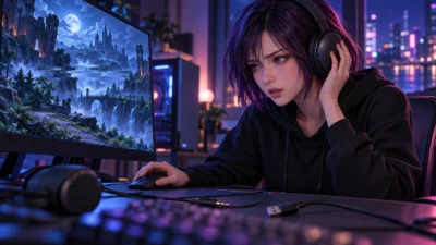 夜のネオンに照らされ、ゲーム画面の乱れと音飛びを確認する女性ゲーマーのイメージイラスト