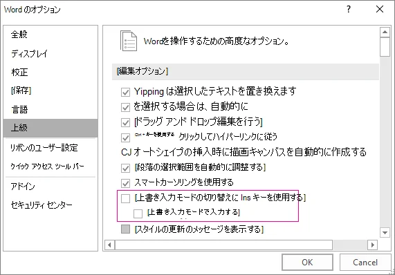 Wordの詳細設定にあるInsキーによる切り替えと上書き入力の2項目