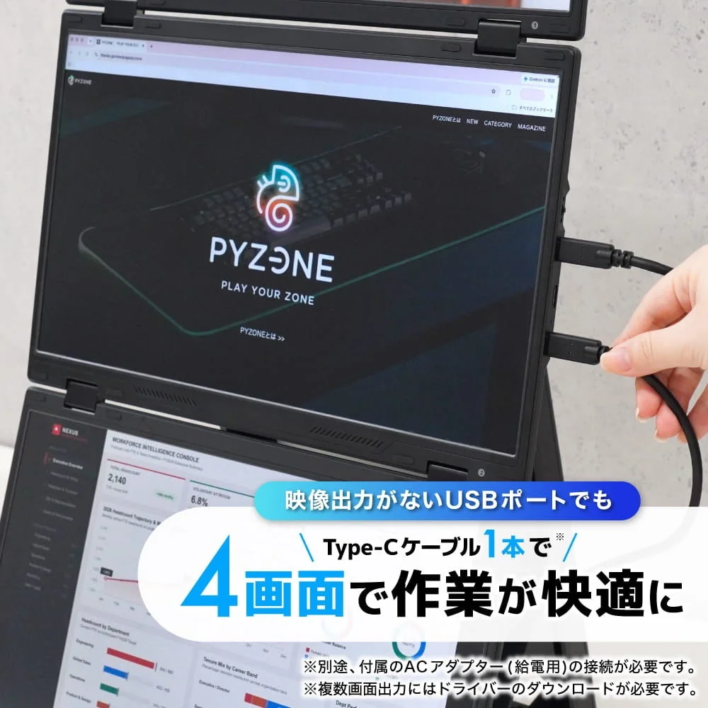 モニター側面のUSB Type-Cポート2口にケーブルをつないだ様子