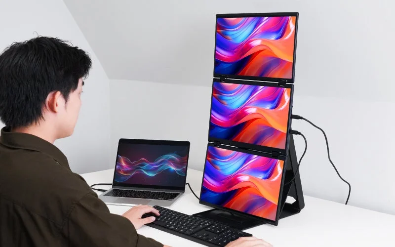 縦に3枚並べた15.6型モニターをノートPCの横に置いた使用例