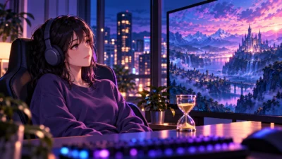 夜景の部屋でヘッドホン姿の女性がモニターを眺め、机に砂時計が置かれたイメージイラスト