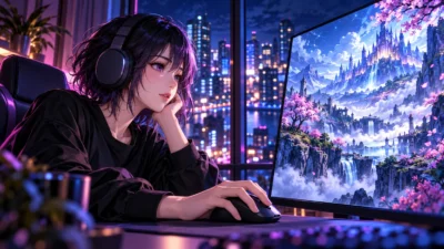 青紫とピンクの夜景を背に、幻想的なゲーム画面の前でマウスを操作する女性ゲーマーのイメージイラスト