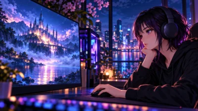 青紫とピンクの夜景を背景に、幻想的なゲーム画面を静かに見つめる女性ゲーマーのイメージイラスト