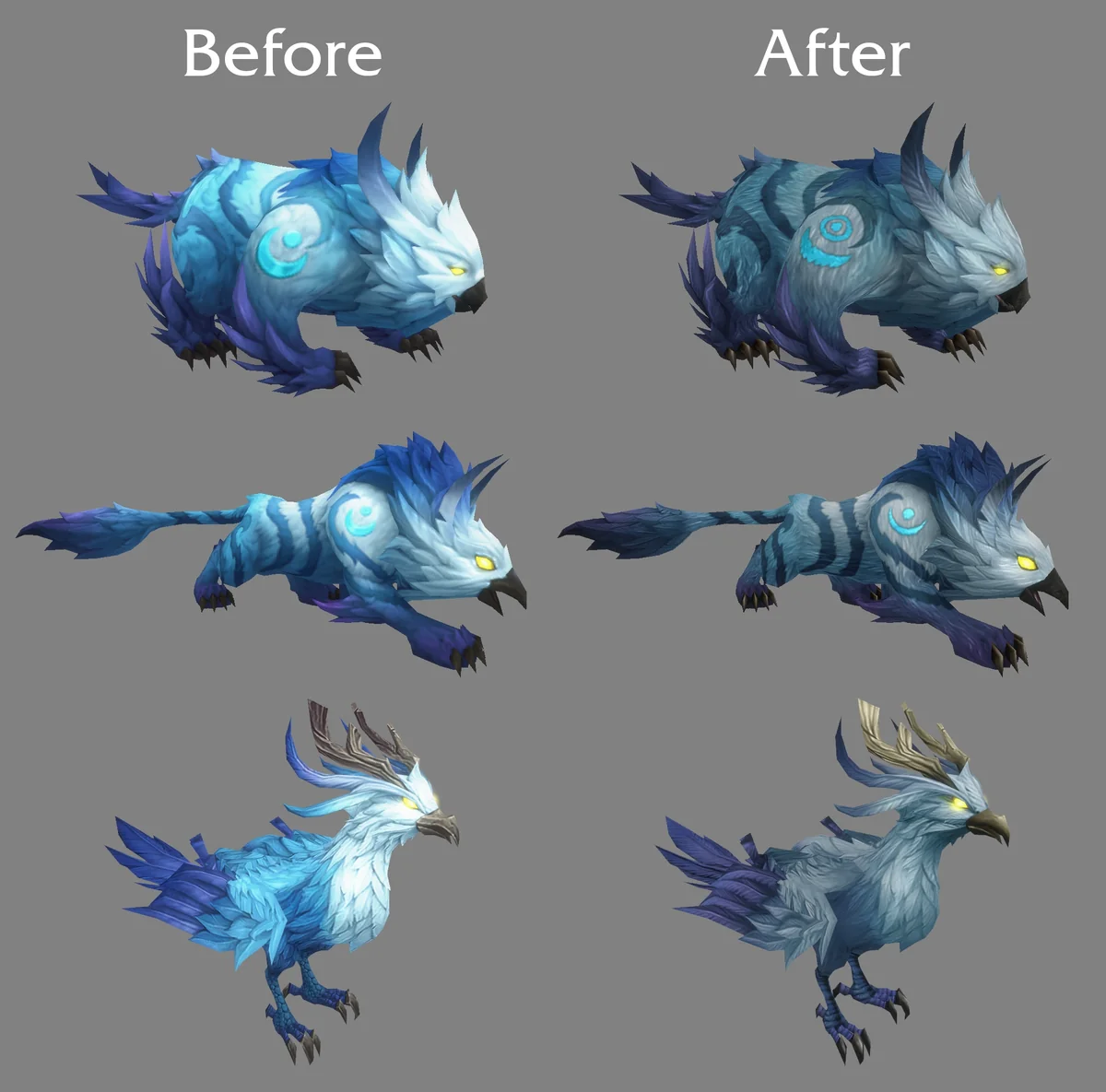 Skyborneのドルイド3形態のBeforeとAfter比較画像