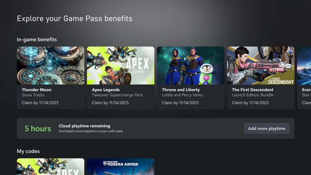 Xbox Cloud Gamingのクラウドプレイ時間の残りと追加購入ボタンが表示された画面例