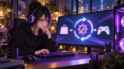 Gaming Servicesの修復を表す歯車と循環矢印の画面を確認する女性ゲーマーのイメージ