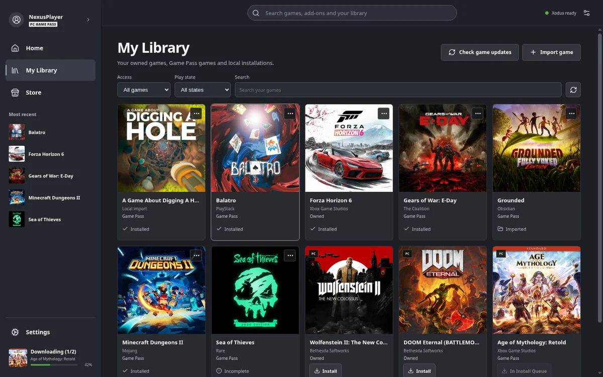 Xodus Nexusのゲームライブラリ画面