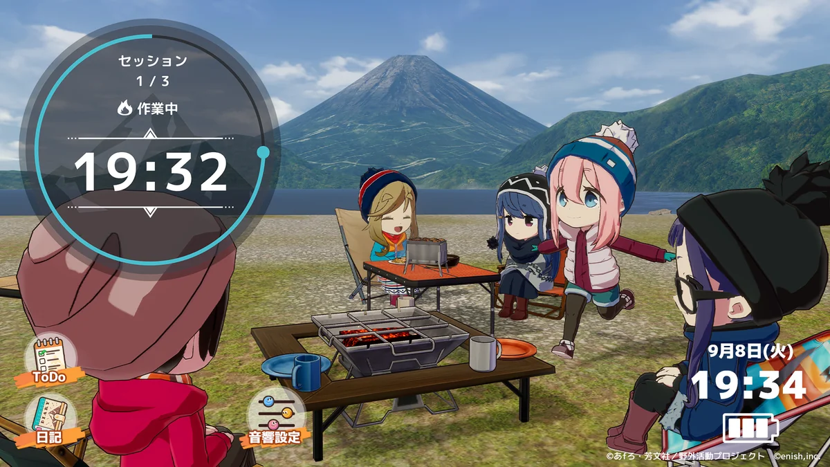 ポモドーロタイマーとToDo・日記ボタンが表示されたゲーム画面