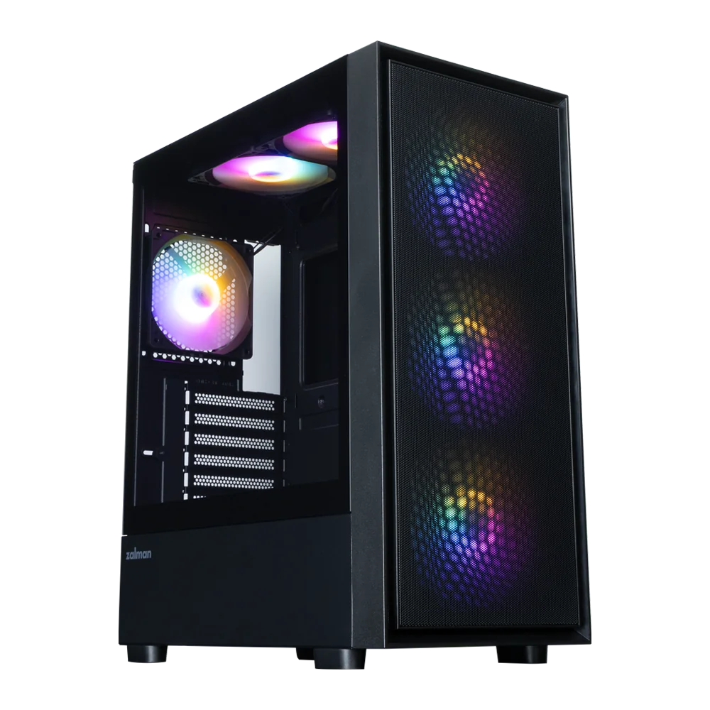 ZALMAN S6 V2 BLACKの外観。前面メッシュに140mmのRGBファンが3基並ぶ